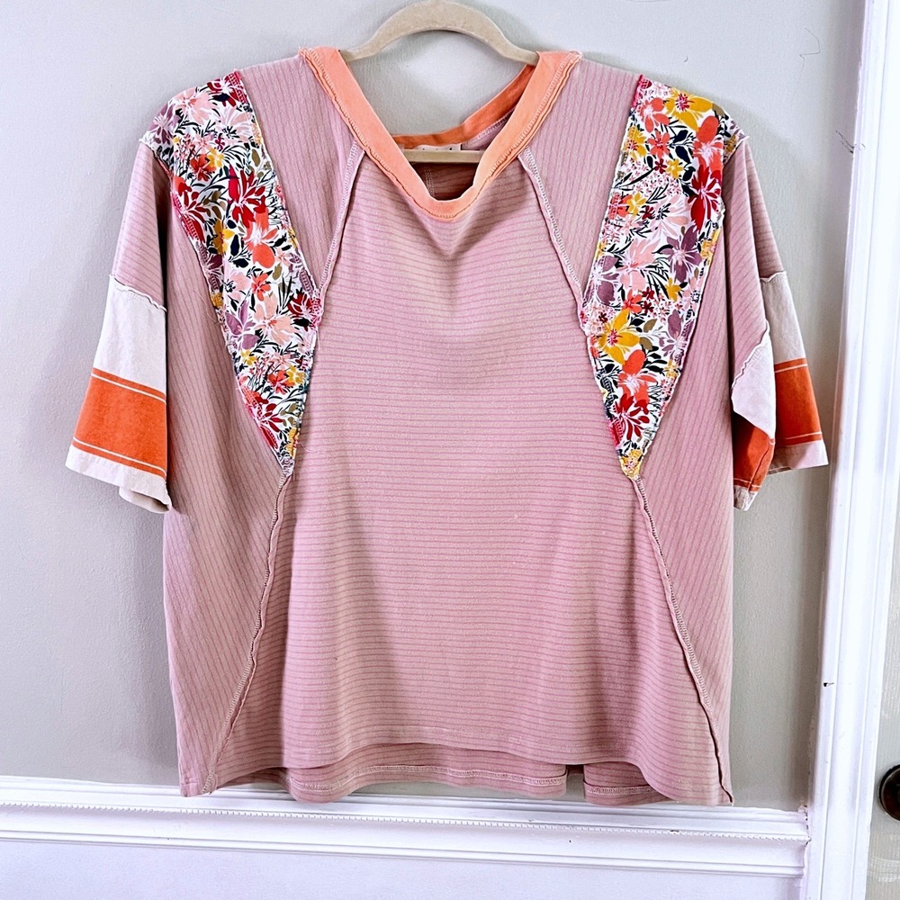 Umgee Boho Artsy Top L Women Oversized Striped Floral Raw Seam Pink Cottagecore